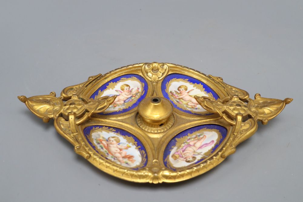 A Sevres style ormolu desk stand, width 29cm